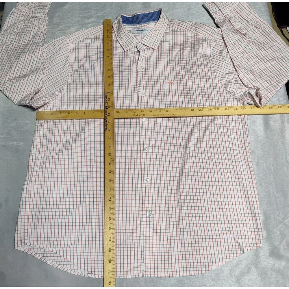TOMMY BAHAMA ISLAND ZONE Men XL Teal‎ Orange Windowpane Pima Cotton Shirt EUC